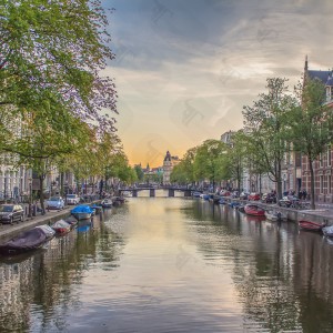 Romantic sunset in Amsterdam